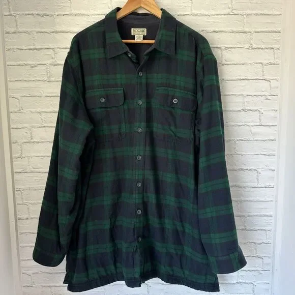 LL Bean Flannel Fleece Lined XL Tall Button Up Long Sleeve Blue Green Plaid - Picture 1 of 11